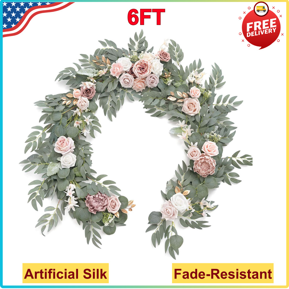Ling’s moment Flower Garland – 6FT Eucalyptus & Rose Pink Sweetheart Table Decor