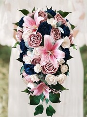 Pink Stargazer Lily Bridal Bouquet Navy Blue Sola Wood Cascade Bridesmaid Flower