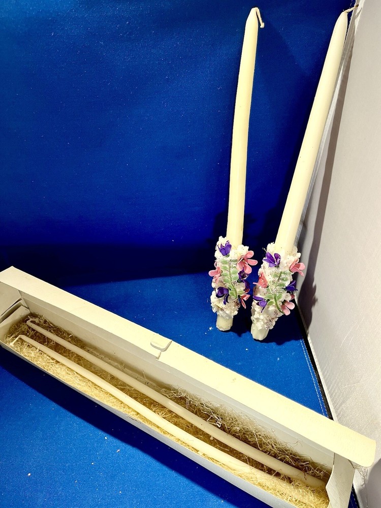 Beautiful ✨Wedding Taper Candle Set W Pink & Purple Flowers 🌸 + Pair To Light!