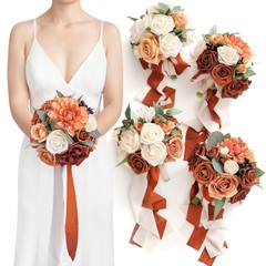 Ling’s Moment Terracotta Bridesmaid Bouquet Set of 4, Burnt Orange Wedding Bo…