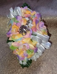 4″ Long Artificial Pastel Rainbow Rose Wrist Corsage With Metal Unicorn Charm
