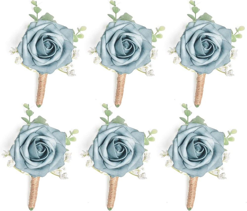 Dusty Blue Boutonniere with Eucalyptus for Men Set of 6 Wedding Flower