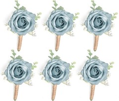 Dusty Blue Boutonniere with Eucalyptus for Men Set of 6 Wedding Flower