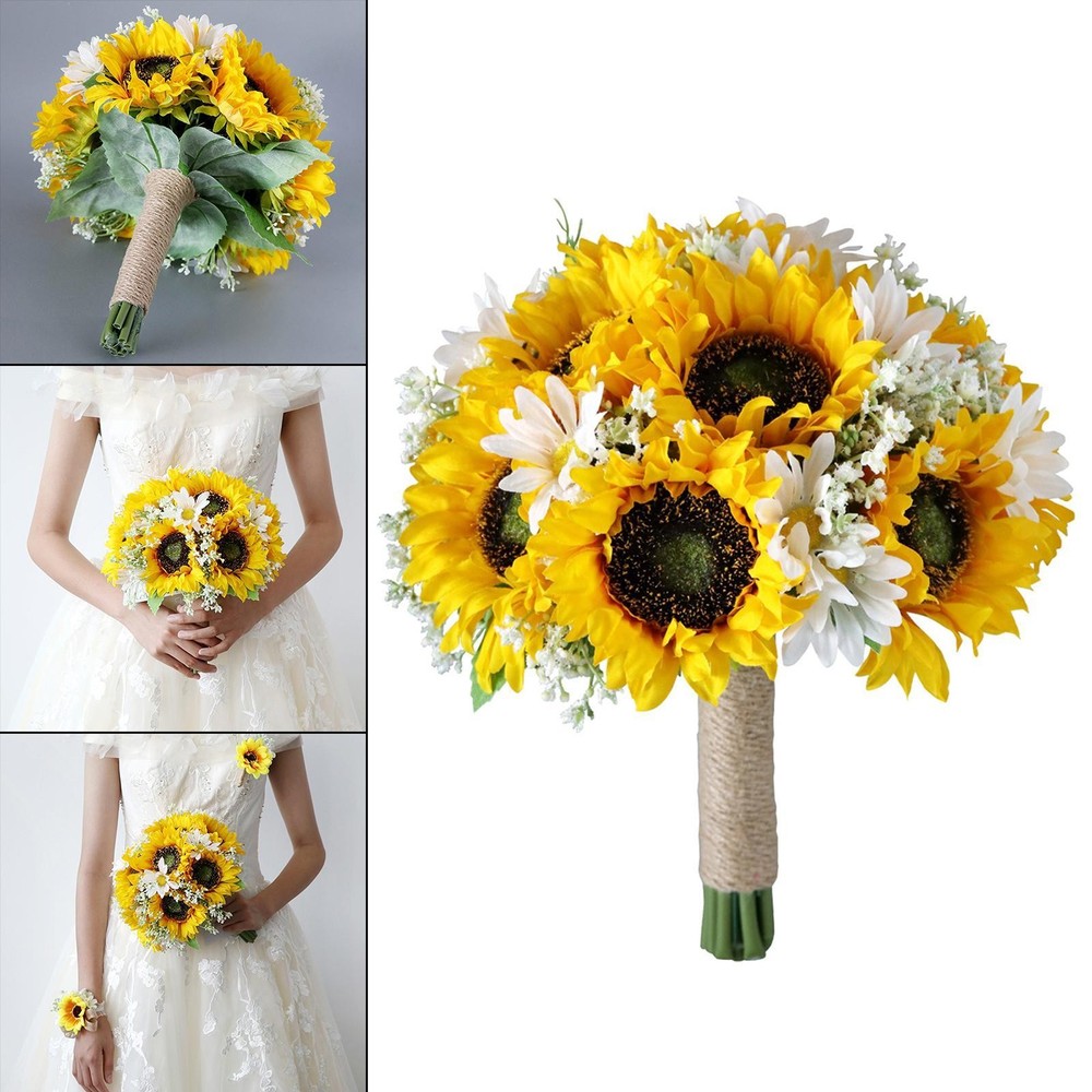 Wedding Bride Hand Bouquet with Green Leaves Sunflowers White Daisy Artificial