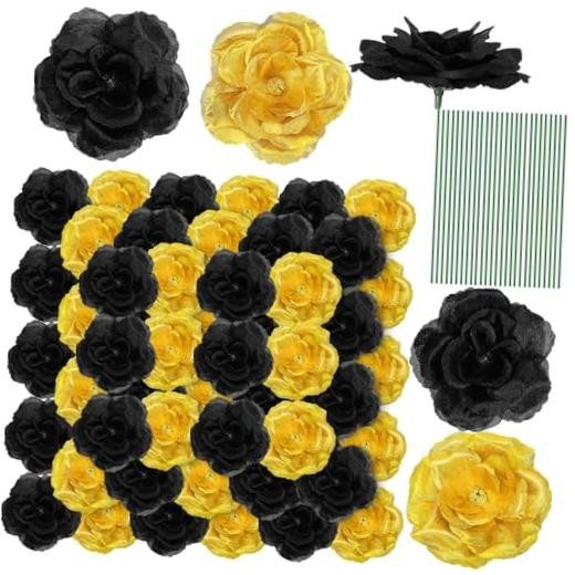 Yunlly 100 Pcs Artificial Flowers – Long Stem Silk Roses – Black & Gold