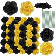 Yunlly 100 Pcs Artificial Flowers – Long Stem Silk Roses – Black & Gold