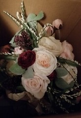 Bridal Bouquet Spray Peonies Roses Burgundy Peach White Sateen Wrapped Stems