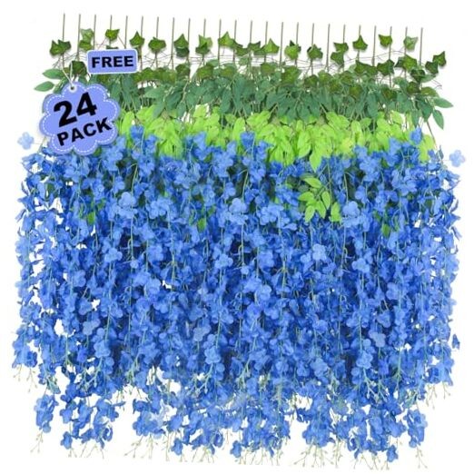 25 Pcs Artificial Wisteria Hanging Flowers 3.6ft Fake Hanging Royal Blue