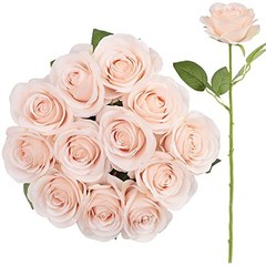 12pcs Roses Artificial Flowers Pink Fake Roses Flowers with Long 12PCS Blush