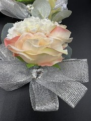 Floral Wrist Corsages – 6 – Roses/carnations with greenery, silver bow & bling