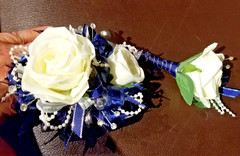 Navy Blue and Ivory SILK Flower Wrist Corsage & Boutonniere Set, Prom wedding