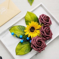 Yellow SILK Sunflowers Burgundy Foam Roses Faux FLOWER BOX Party Events Supplies