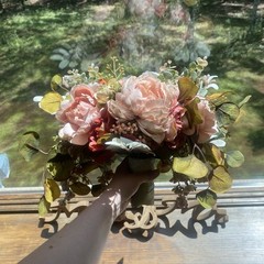 Beautiful Bridal Wedding Bouquet Budget Handmade Faux Flowers White-Pink Green