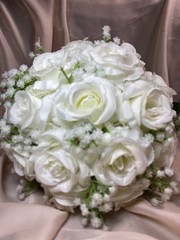 Artificial White Rose Wedding Bouquet with Satin Ribbon & Pearl Trim