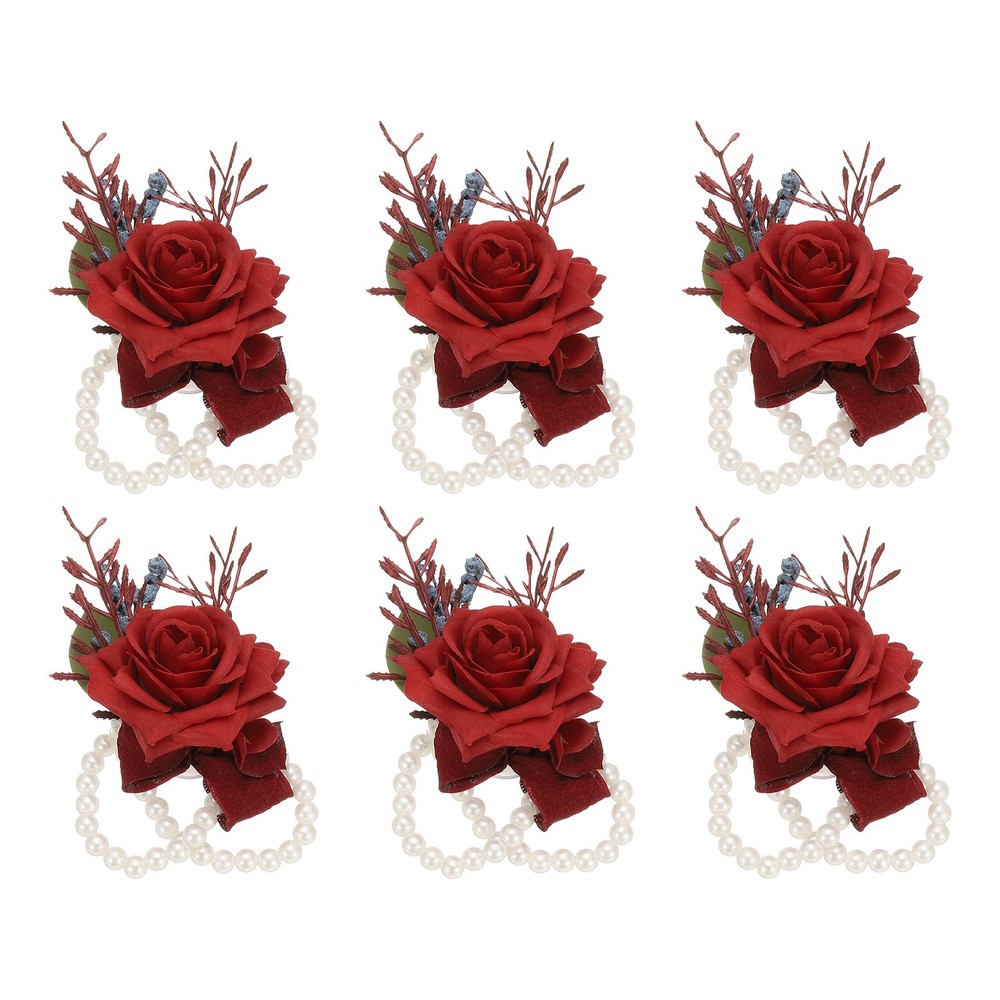6 Pcs Homecoming Wedding Wrist Corsage Prom Party Artificial Flower Red