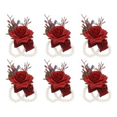 6 Pcs Homecoming Wedding Wrist Corsage Prom Party Artificial Flower Red