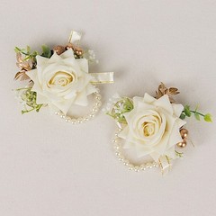 WHITE 2 SILK ROSES 4″ Wrist Corsages with Pearls Wedding Flowers Party Bouquets