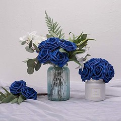 Artificial Flowers 25pcs Real Looking Foam Fake Roses with 25Pcs Royal Blue
