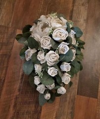 14PC White Peony Rose Sola Wood Cascade Bridal Bouquet Wedding Groom Flower Set