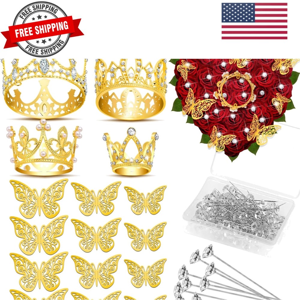 Gold Crowns for Flower Bouquets, Flower Bouquet Accessories Including 4 Pcs B…