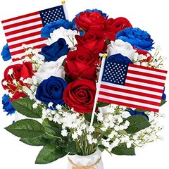 28 Pcs Red White and Blue Flowers, Patriotic Memorial Bouquet Atificial