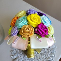 Handmade bouquet of artificial ribbon roses. Each flower is handmade.