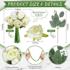 12 Bunches Silk Rose Bouquets for Weddings & Parties – White Green