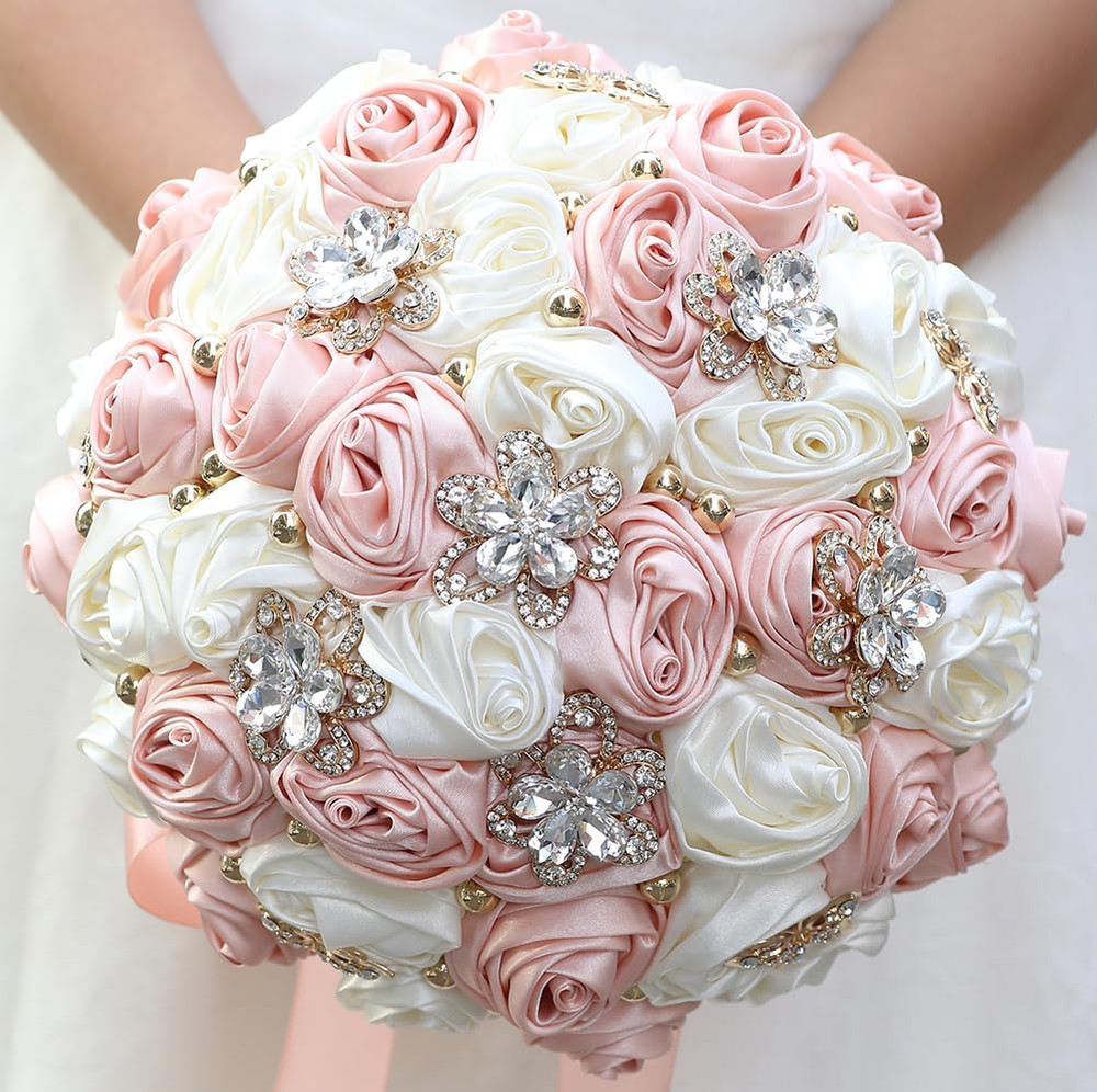 Pale Pink & Ivory Satin Rose Bridal Toss Bouquet – 9.4″ Handmade Floral Bunch