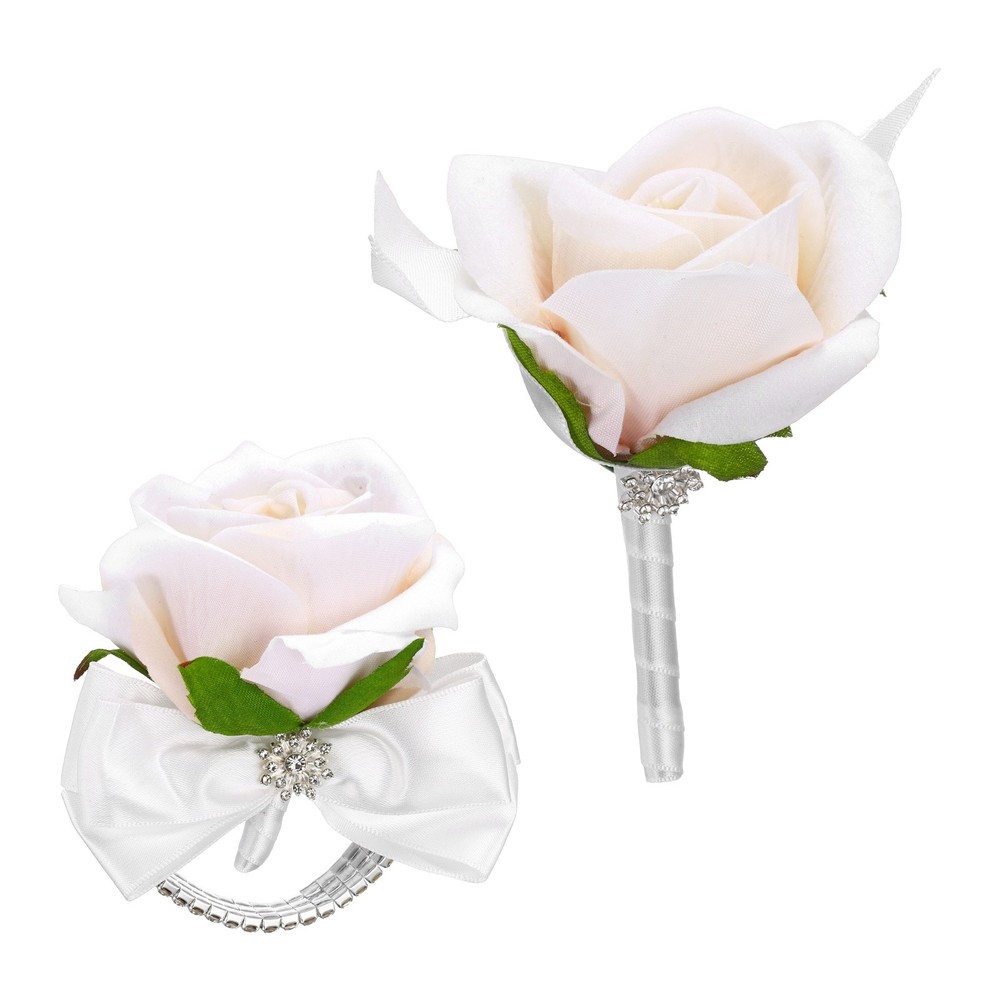 2Pcs Wrist Corsage Boutonnieres Set with White Ribbon, Champagne
