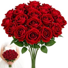 24PCS 20‘’ Red Artificial Roses Flowers with Long 24pcs Red Artificial Flowers