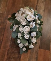 White Rose Eucalyptus Cascade Bridal Bouquet Made of Sola Wood Wedding Flowers