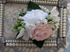 Wrist Corsage Blush And White Roses, Pearls On Pearl Wristlet, Real Touch Roses