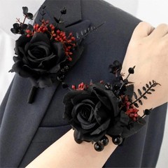 Black Wrist Corsage and Boutonniere Set Gothic Flowers Bouquet for Wedding Flowe