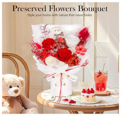 Preserved Flowers Bouquet with Bear, 3 Real Forever for Delivery, Red