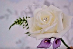 calla lily buttonhole fern leaf pearls diamante wedding groom corsage bride