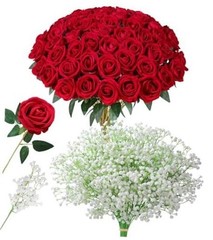 35 PCS Artificial Red Roses with 15 35 Pcs Red Roses With 15 Pcs Baby Breath