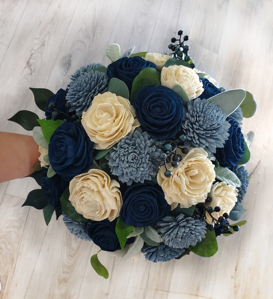Navy Dusty Blue Bridal Bouquet Sola Wood Bridesmaid Wedding Artificial Flowers