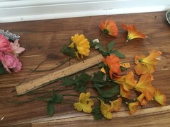 vtg SILK FLOWER mix orange pink mums petunia +ARRANGEMENT Macao ENB 60’s to 80’s
