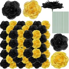 Yunlly 100 Pcs Artificial Flowers – Long Stem Silk Roses – Black & Gold