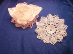 24 White corsage flower base plastic 3.5″ dia lace like