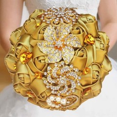 Handmade Satin Rose Wedding Bouquet with Gold Crystals – Perfect for Brides