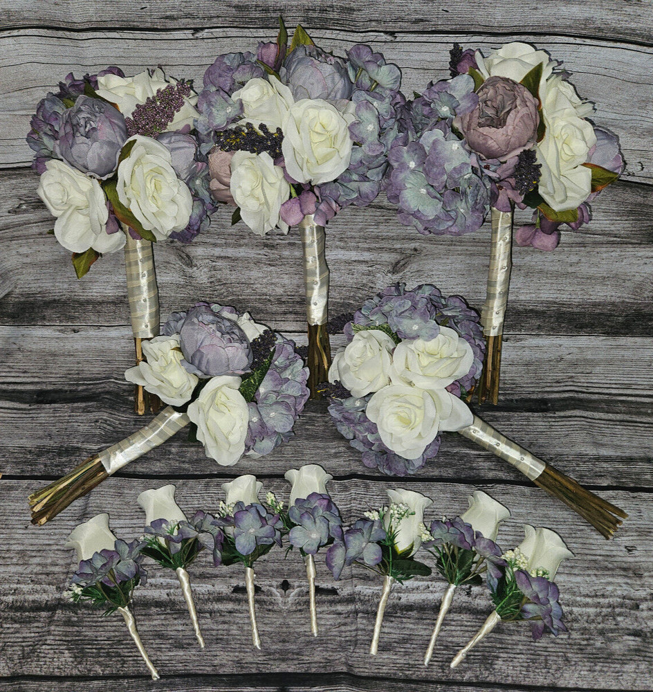 12 Piece Wedding Bouquet Set, Purple, Ivory, Rose, Peony, Vintage Style Bouquets
