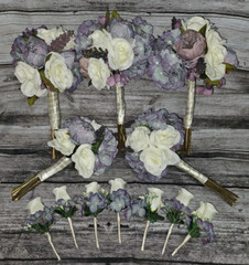 12 Piece Wedding Bouquet Set, Purple, Ivory, Rose, Peony, Vintage Style Bouquets