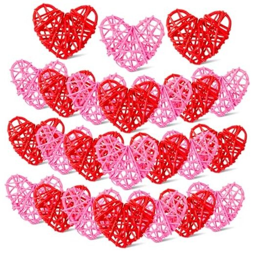 24 Pieces Valentine Heart Shaped Rattan Balls 2.36 Inch Heart Vase Red, Pink