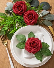 25Pcs Artificial Roses Flowers Fake Roses with Stems Real Touch Foam Dark Red
