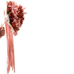 VTG Silk Flower & Lace Streamers Wedding Bridal Bouquet Red Rose & Pink Ribbons