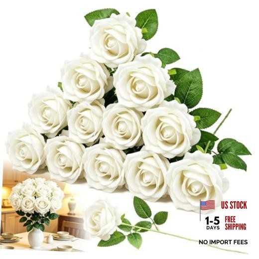 12PCS 20‘’ White Artificial Roses Flowers with 12pcs White Artificial Flowers