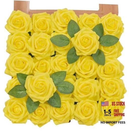 Yellow Flowers Artificial Rose 25pcs Realistic Fake Roses for Canary Yellow