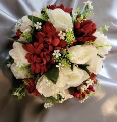 Red Chrysanthemum and White Roses Bride Bouquet and Groom boutonnière Set