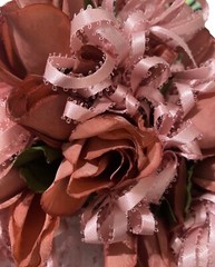 VTG Silk Flower & Lace Streamers Wedding Bridal Bouquet Red Rose & Pink Ribbons